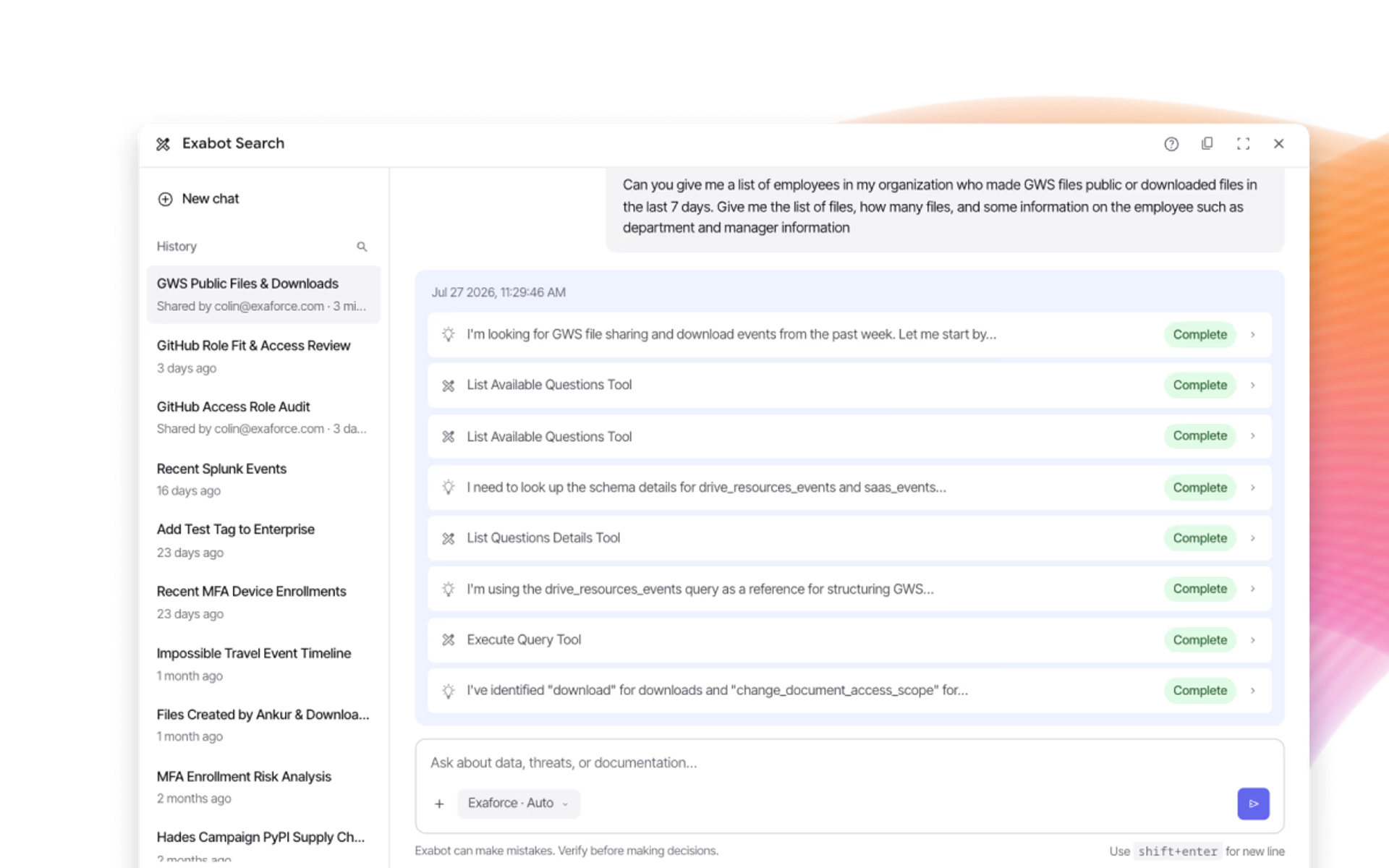 The Exabot Search console running an analyst's own query about Google Workspace file sharing, with the chat history alongside
