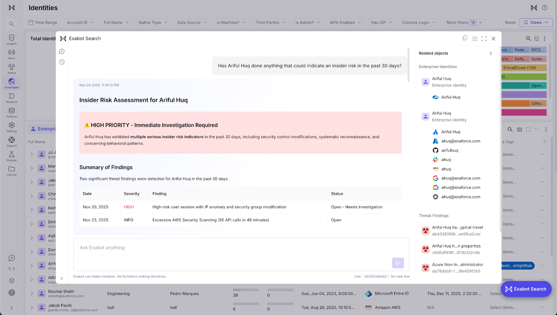 A simple natural language search surfaces indications of insider risk