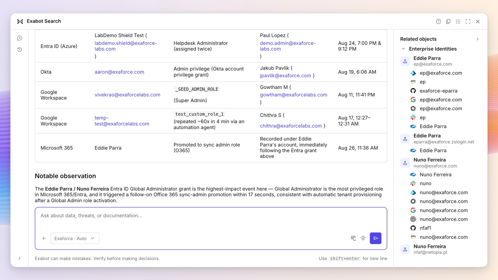 Exabot Search comparing admin privilege grants across Entra ID, Okta, Google Workspace and Microsoft 365, with a notable observation drawn out underneath and related identities listed beside it.