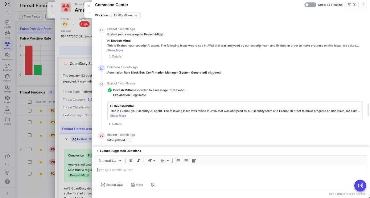 エクサボットのワークフローと、AWSの問題を正当なものとして確認するアナリストの操作を表示したエクサフォースのCommand Center