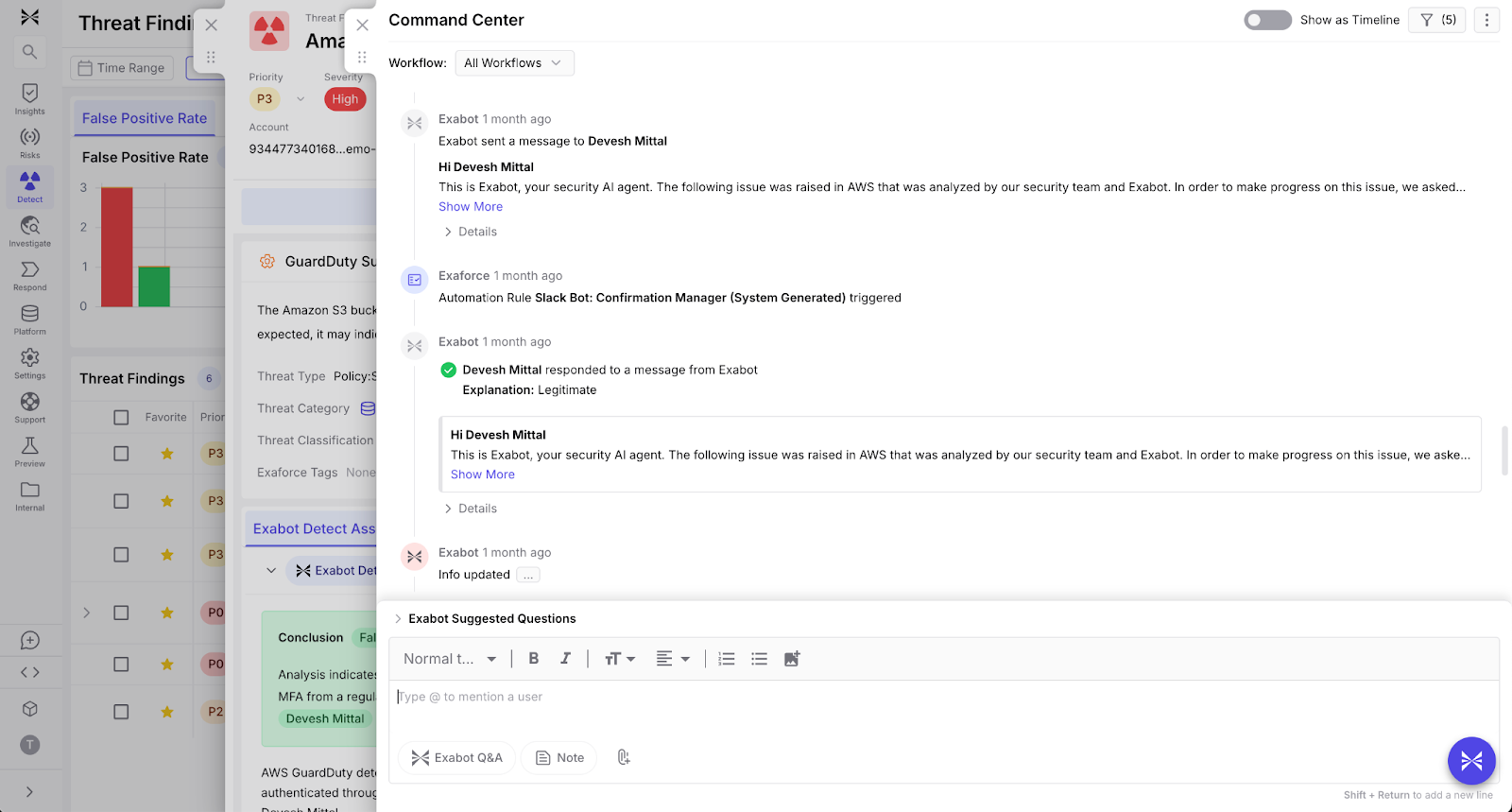 エクサボットのワークフローと、AWSの問題を正当なものとして確認するアナリストの操作を表示したエクサフォースのCommand Center