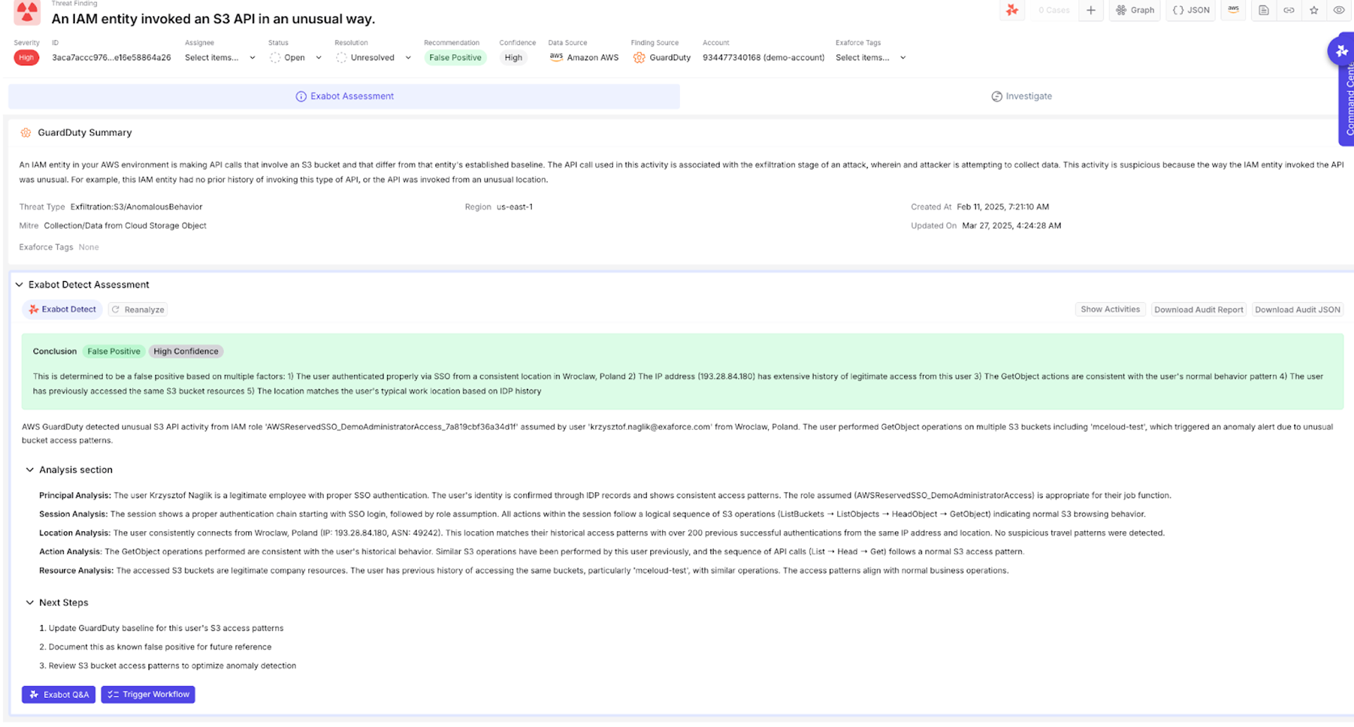 Exaforce threat finding showing IAM entity S3 API activity from Poland assessed as a high-confidence false positive