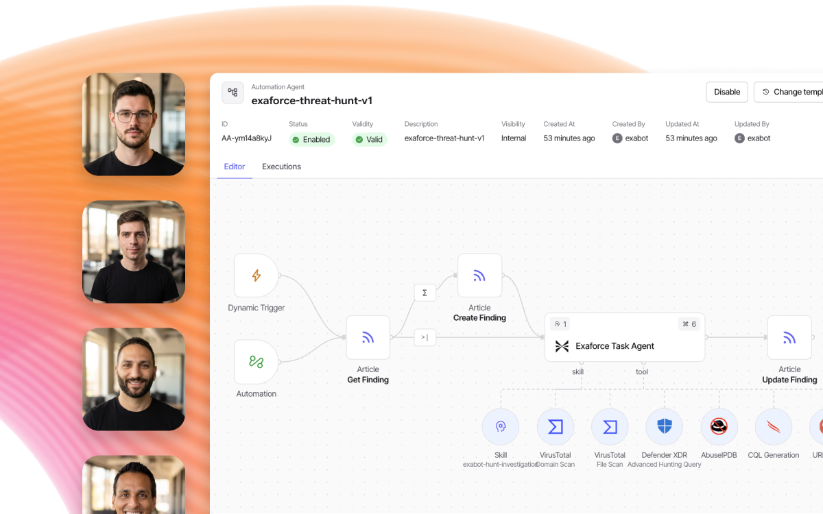Portraits of the Exaforce analysts alongside an Exabot threat-hunting workflow open in the platform