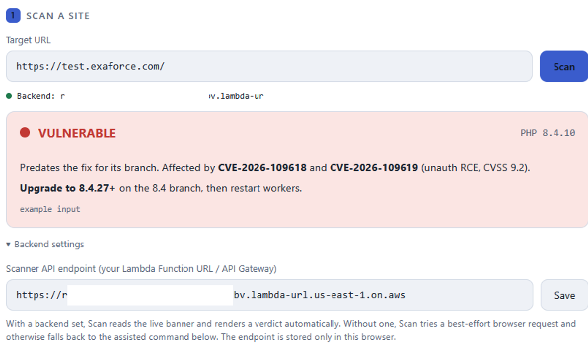 PHP 8.4.10がセキュリティ修正版8.4.27より前のバージョンであることを示すExaPHP2Shellのスキャン例。