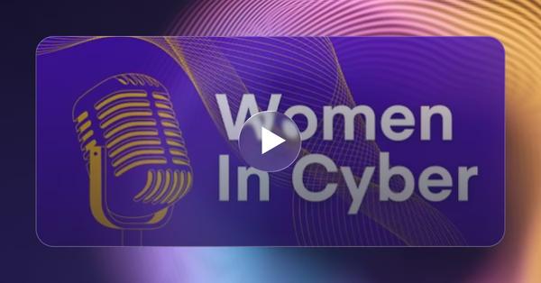 "Women in Cyber" podcast artwork with a microphone