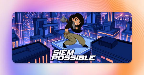 "SIEM Possible" artwork: a figure crouched on a rooftop above a night-time city