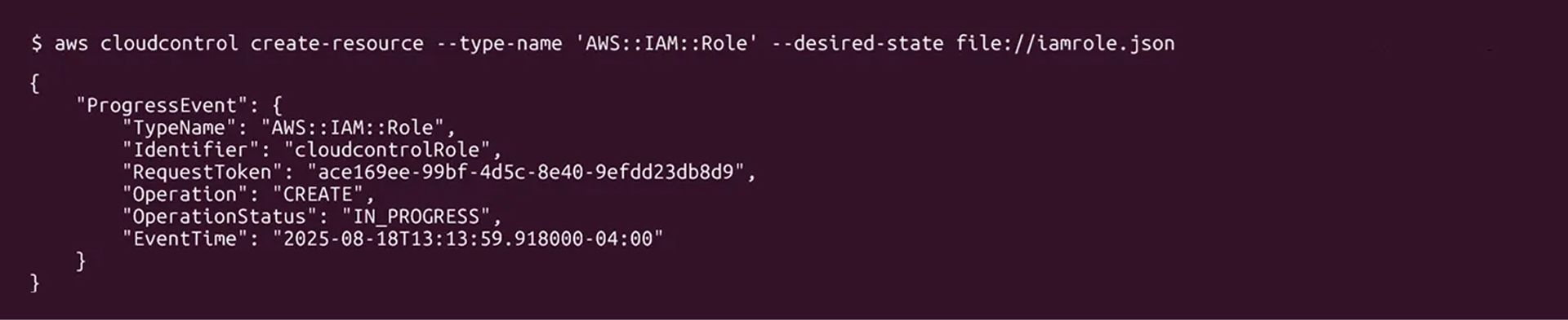 cloudcontrol create-resourceコマンドでIAMロールを作成中であることを示すAWS CLIの出力