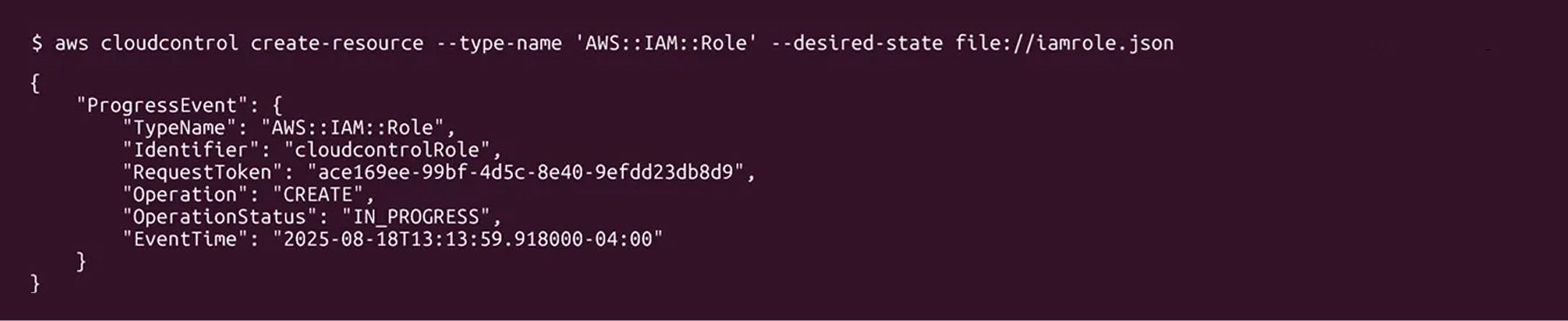 cloudcontrol create-resourceコマンドでIAMロールを作成中であることを示すAWS CLIの出力