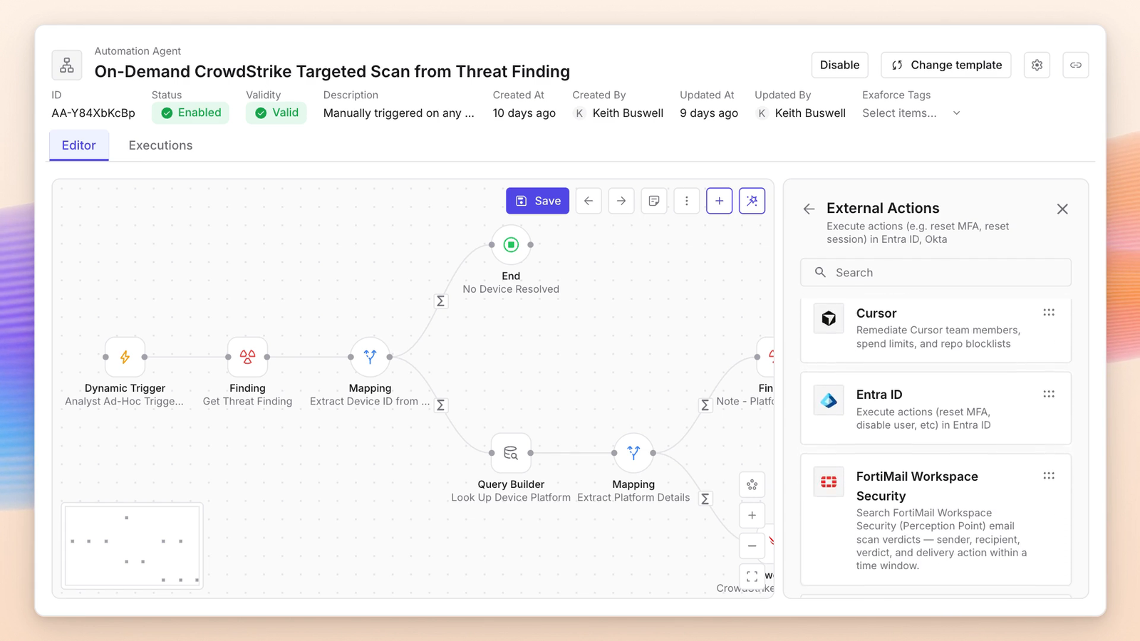 The automation agent editor showing an on-demand CrowdStrike targeted scan built from a threat finding, with the external actions panel open beside the workflow.