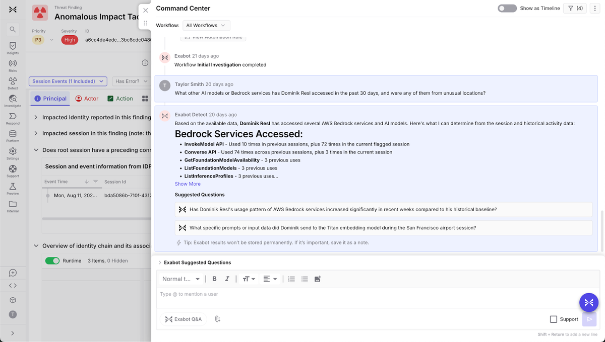 Exaforce Command Center lists AWS Bedrock service activity and Exabot investigation summary.