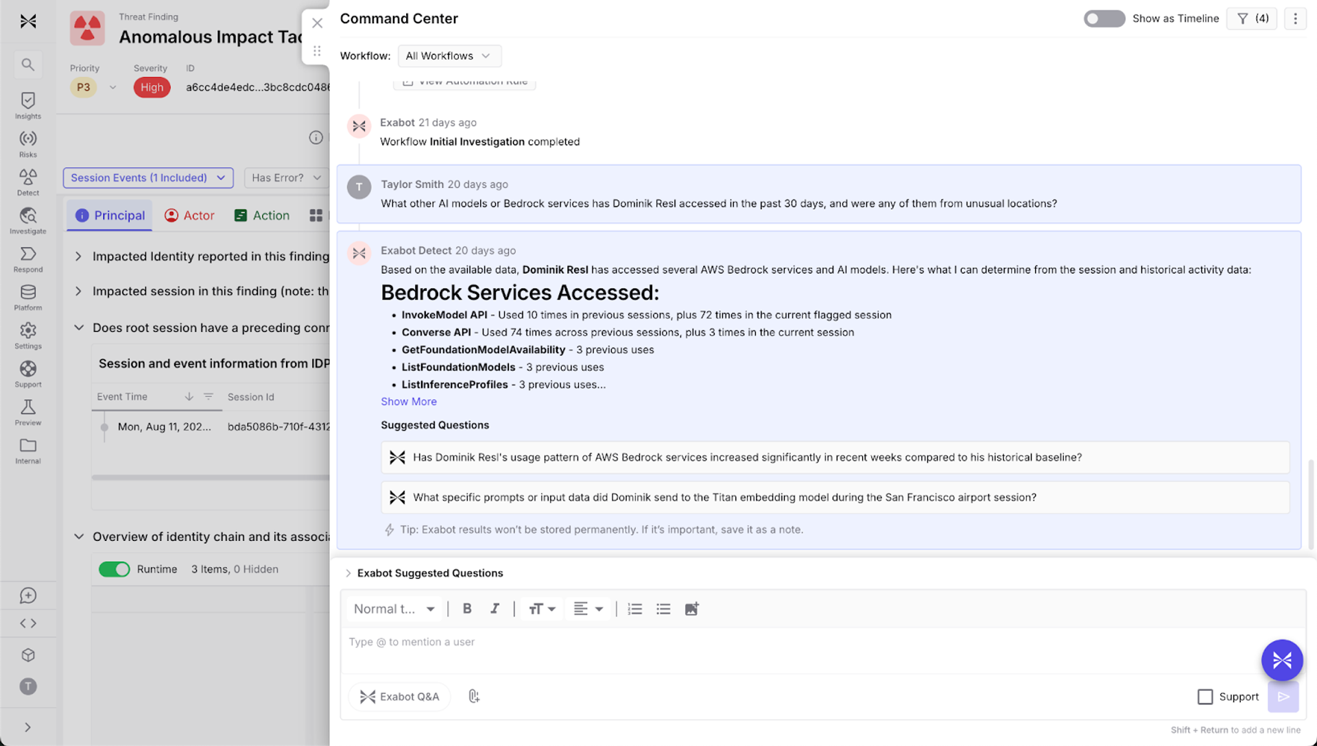 Exaforce Command Center lists AWS Bedrock service activity and Exabot investigation summary.