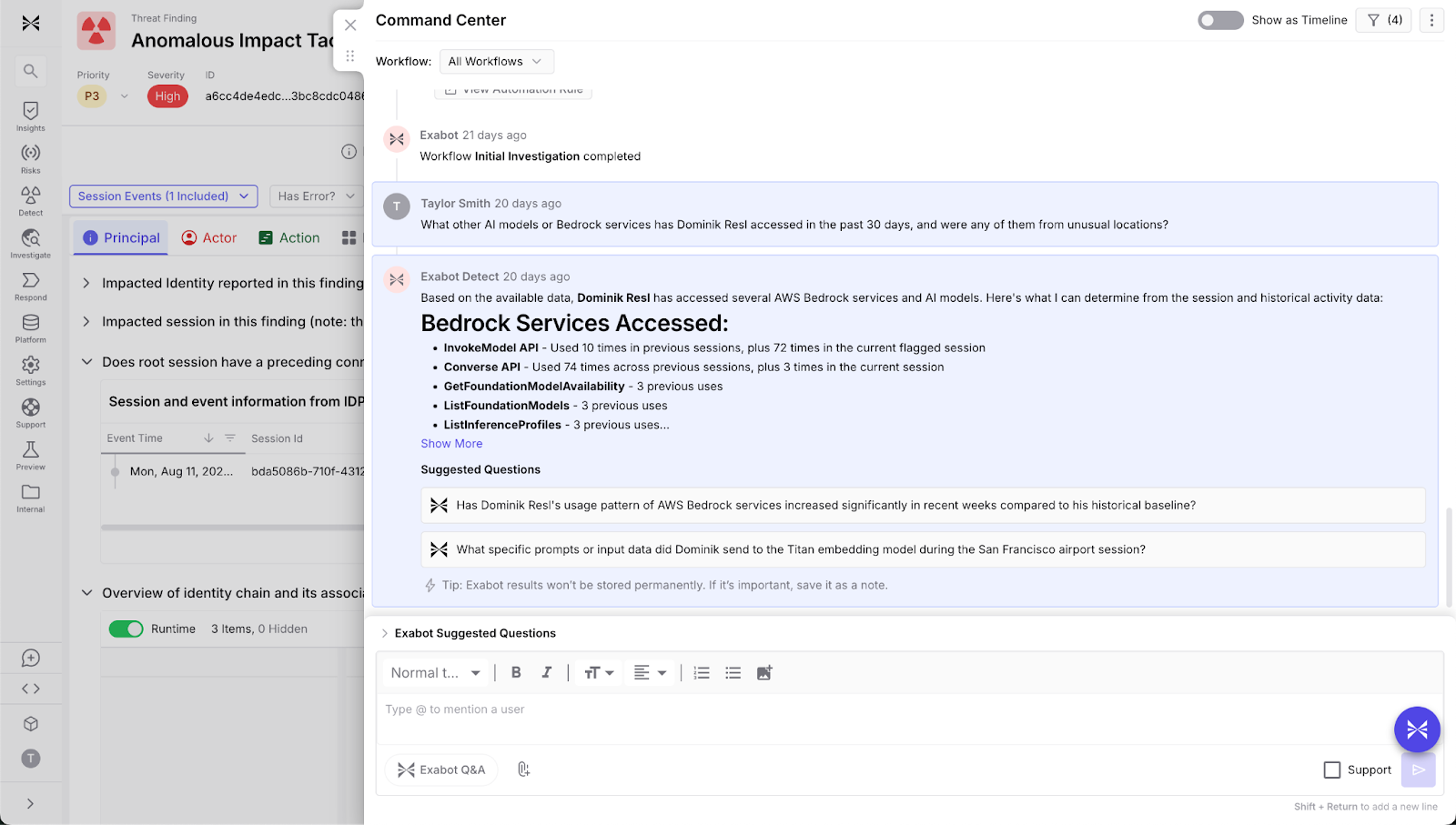 Exaforce Command Center lists AWS Bedrock service activity and Exabot investigation summary.