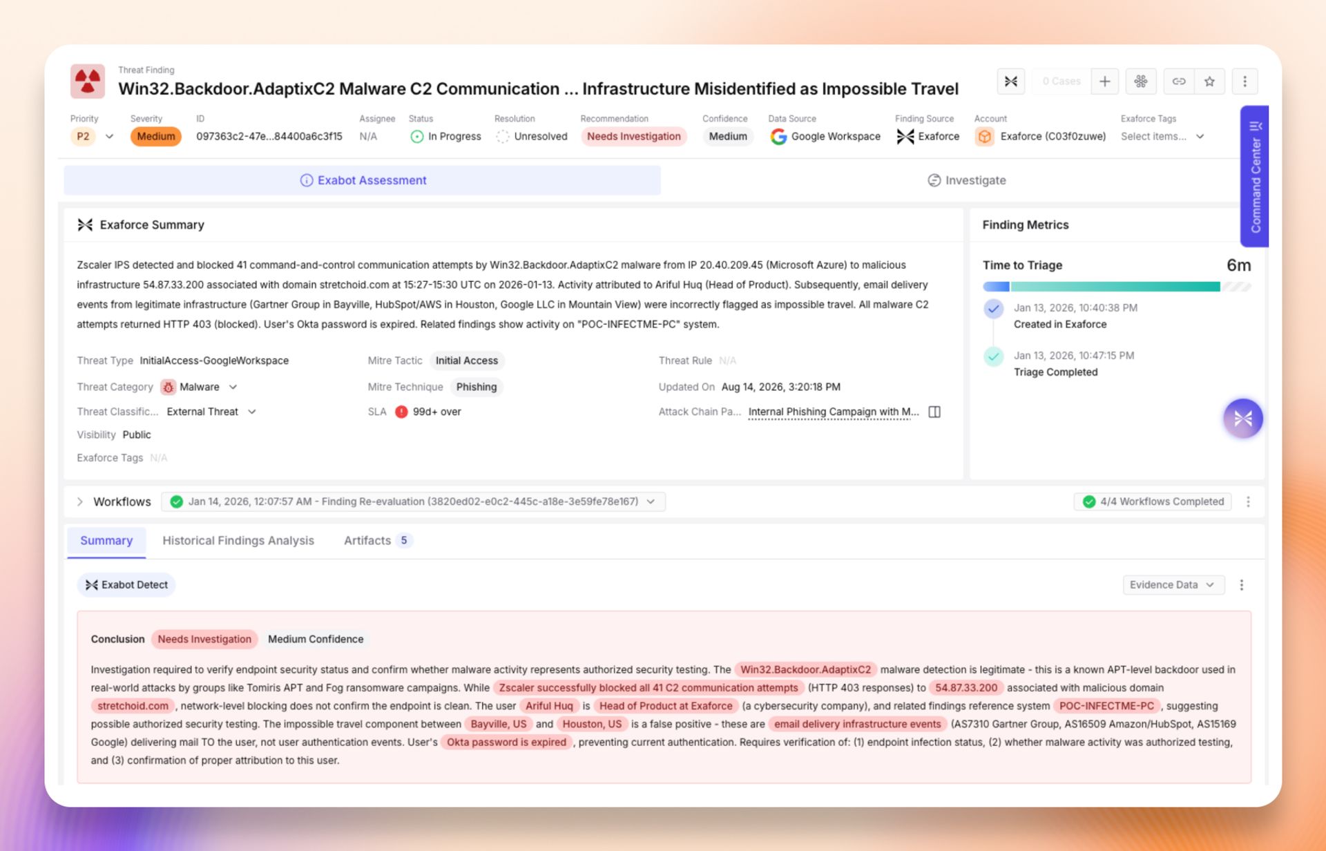 A finding in Exaforce titled “Win32.Backdoor.AdaptixC2 Malware C2 Communication”, with the Exabot summary tying the endpoint detection to the user, their device and their recent identity activity.