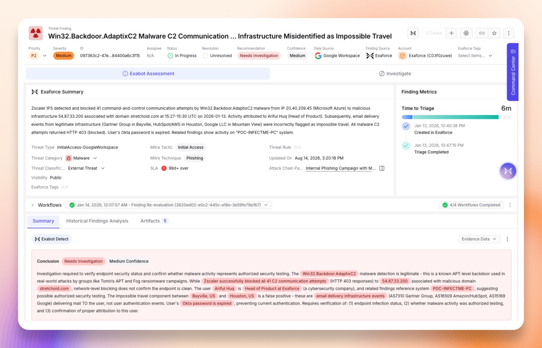 A finding in Exaforce titled “Win32.Backdoor.AdaptixC2 Malware C2 Communication”, with the Exabot summary tying the endpoint detection to the user, their device and their recent identity activity.