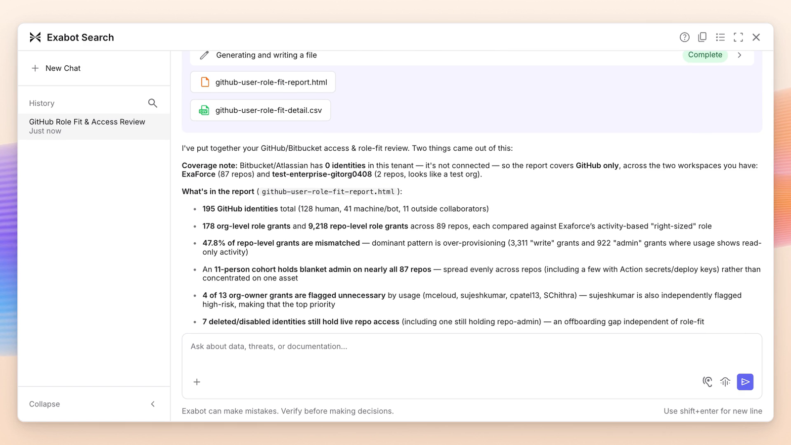 Exabot Search returning a completed GitHub role-fit and access review, with the generated report and CSV attached and the findings summarized beneath them.