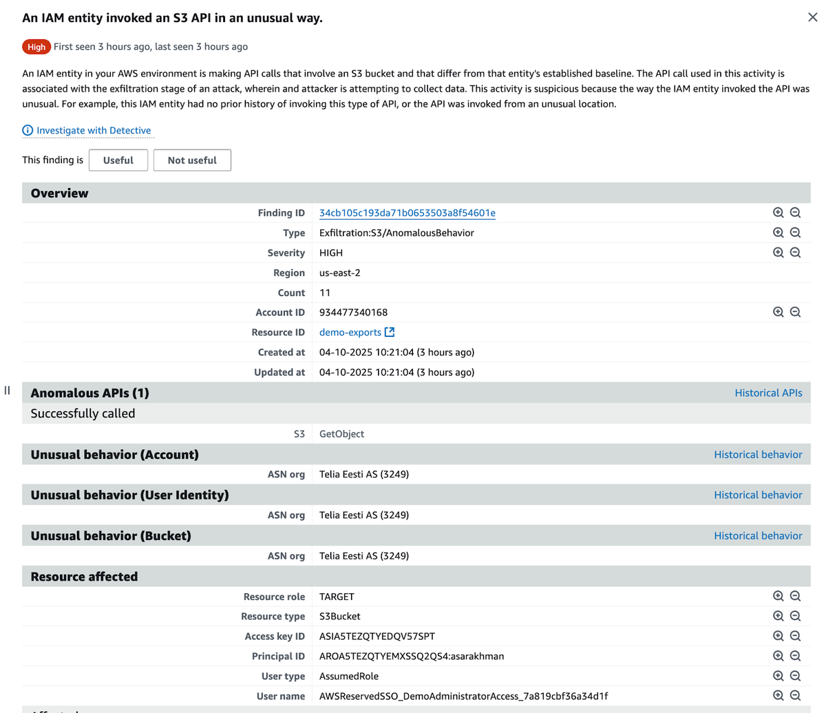 AWS GuardDuty finding showing IAM entity invoking S3 GetObject API unusually from new ASN, flagged as high-severity anomaly