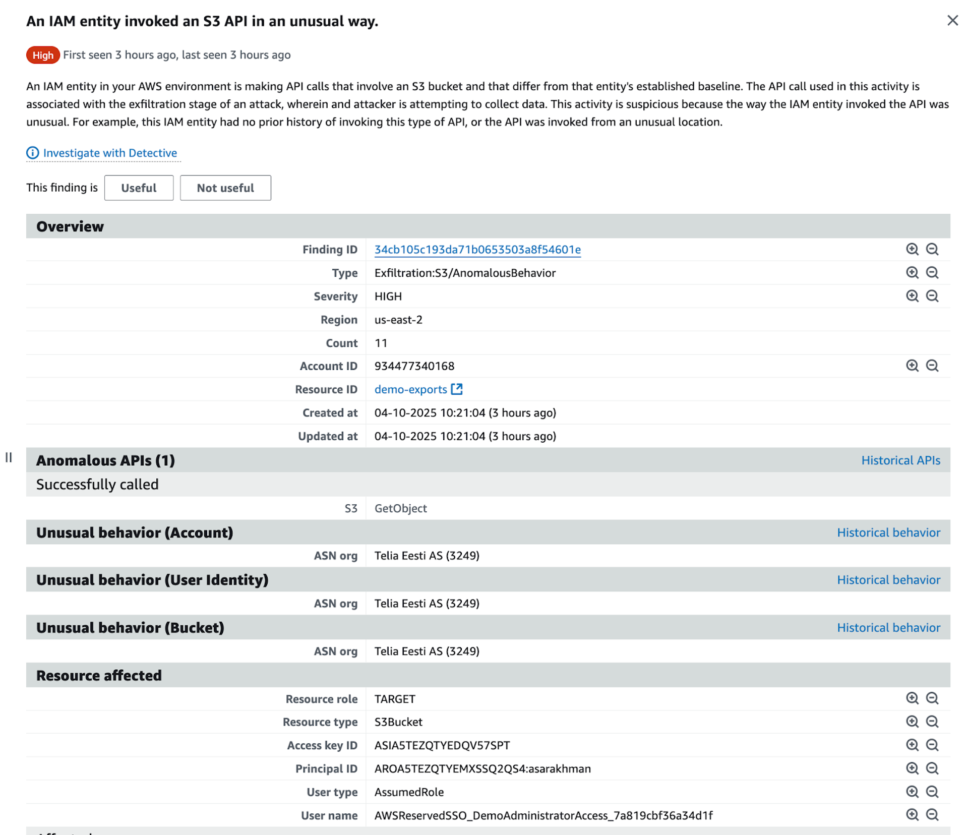 AWS GuardDuty finding showing IAM entity invoking S3 GetObject API unusually from new ASN, flagged as high-severity anomaly