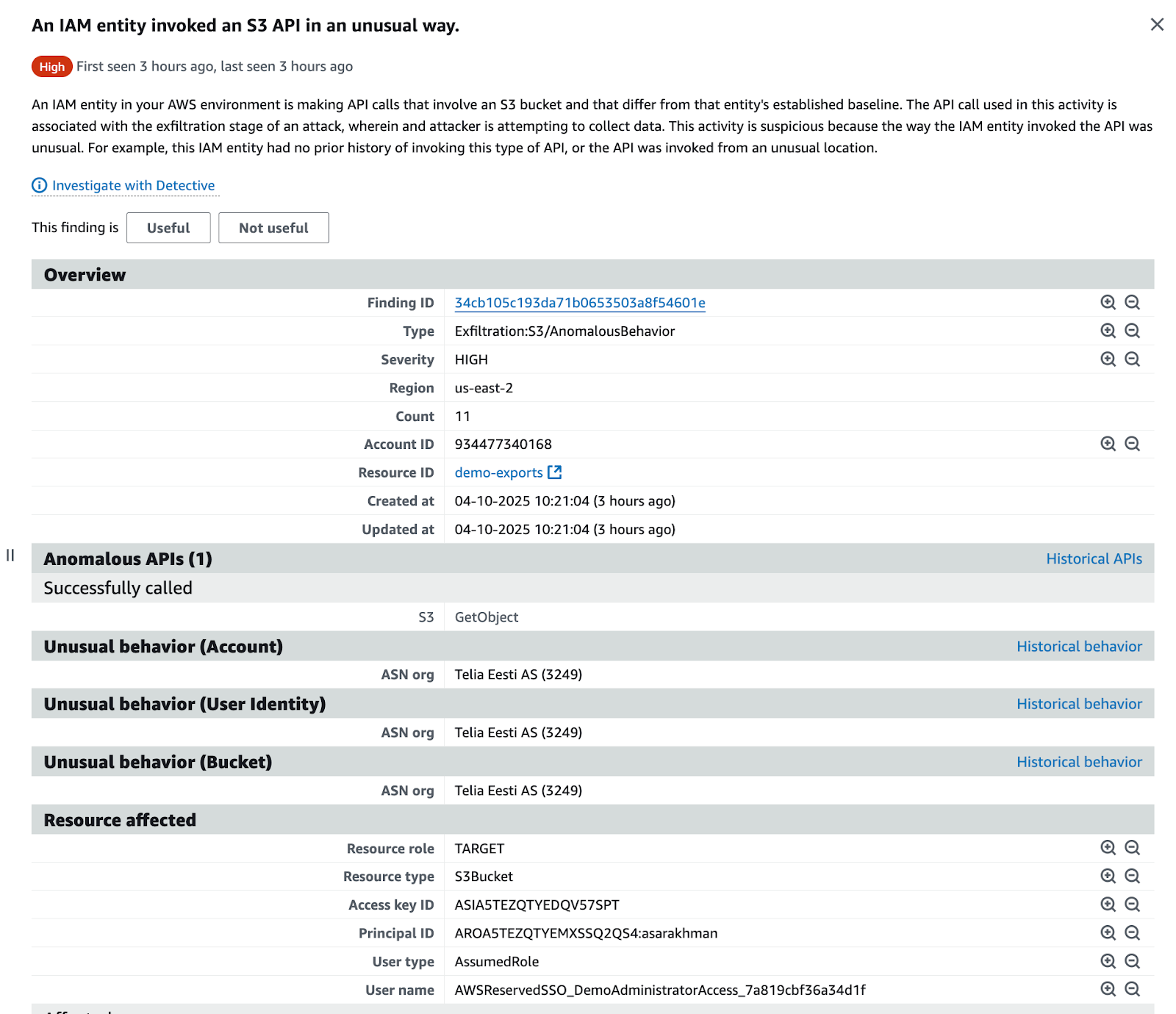 AWS GuardDuty finding showing IAM entity invoking S3 GetObject API unusually from new ASN, flagged as high-severity anomaly