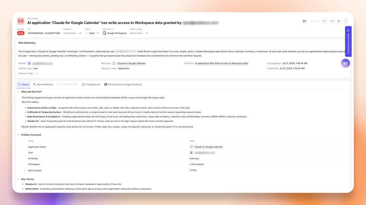 Risk finding of Claude for Google Calendar