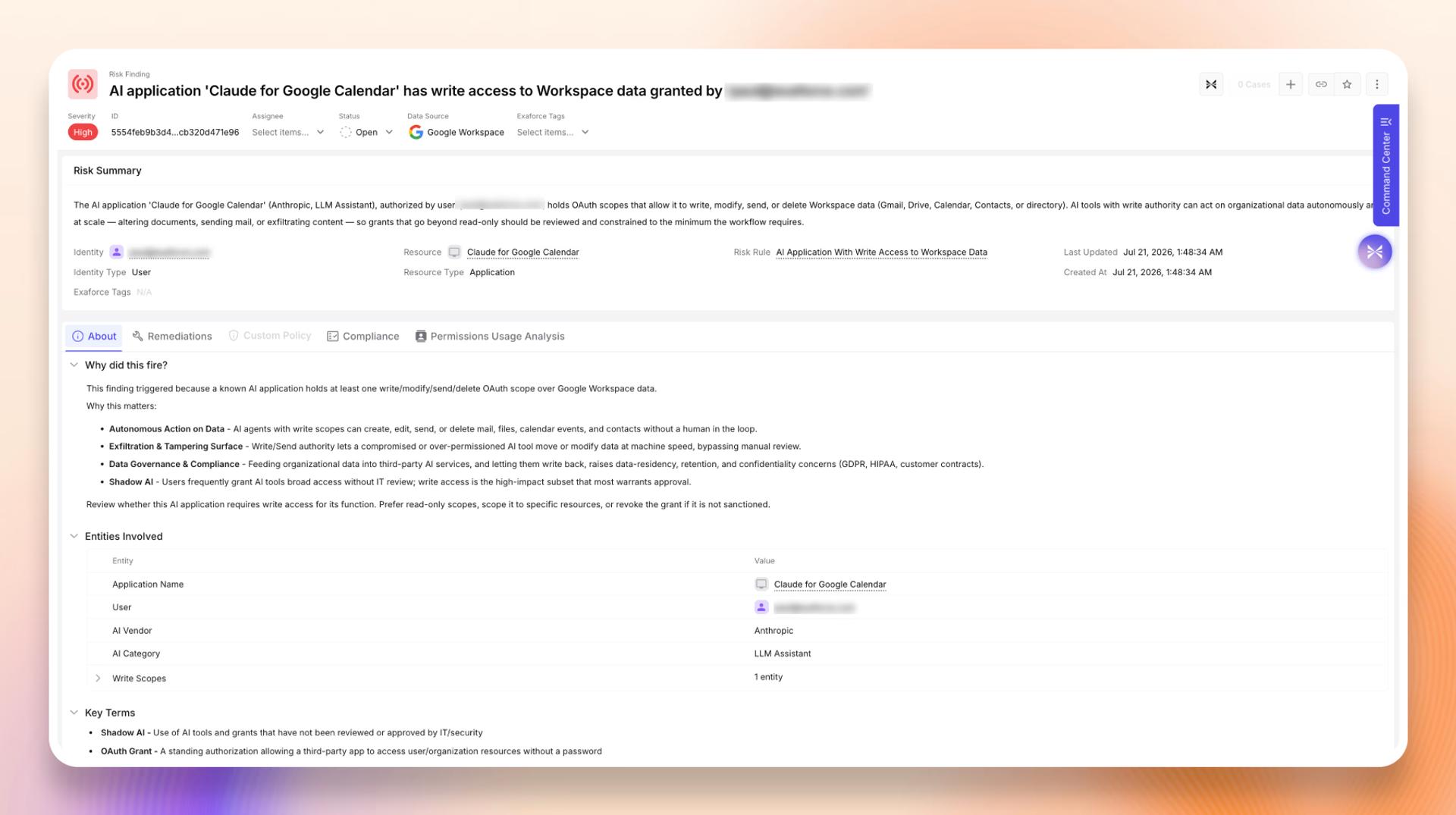 Risk finding of Claude for Google Calendar