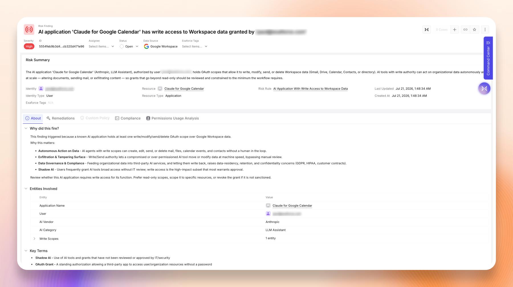 Risk finding of Claude for Google Calendar