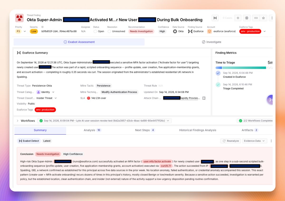 A finding in Exaforce titled “Okta Super-Admin Activated MFA for New User During Bulk Onboarding”, rated low priority, with the Exabot summary explaining that the location, device and session history are all normal for the administrator.