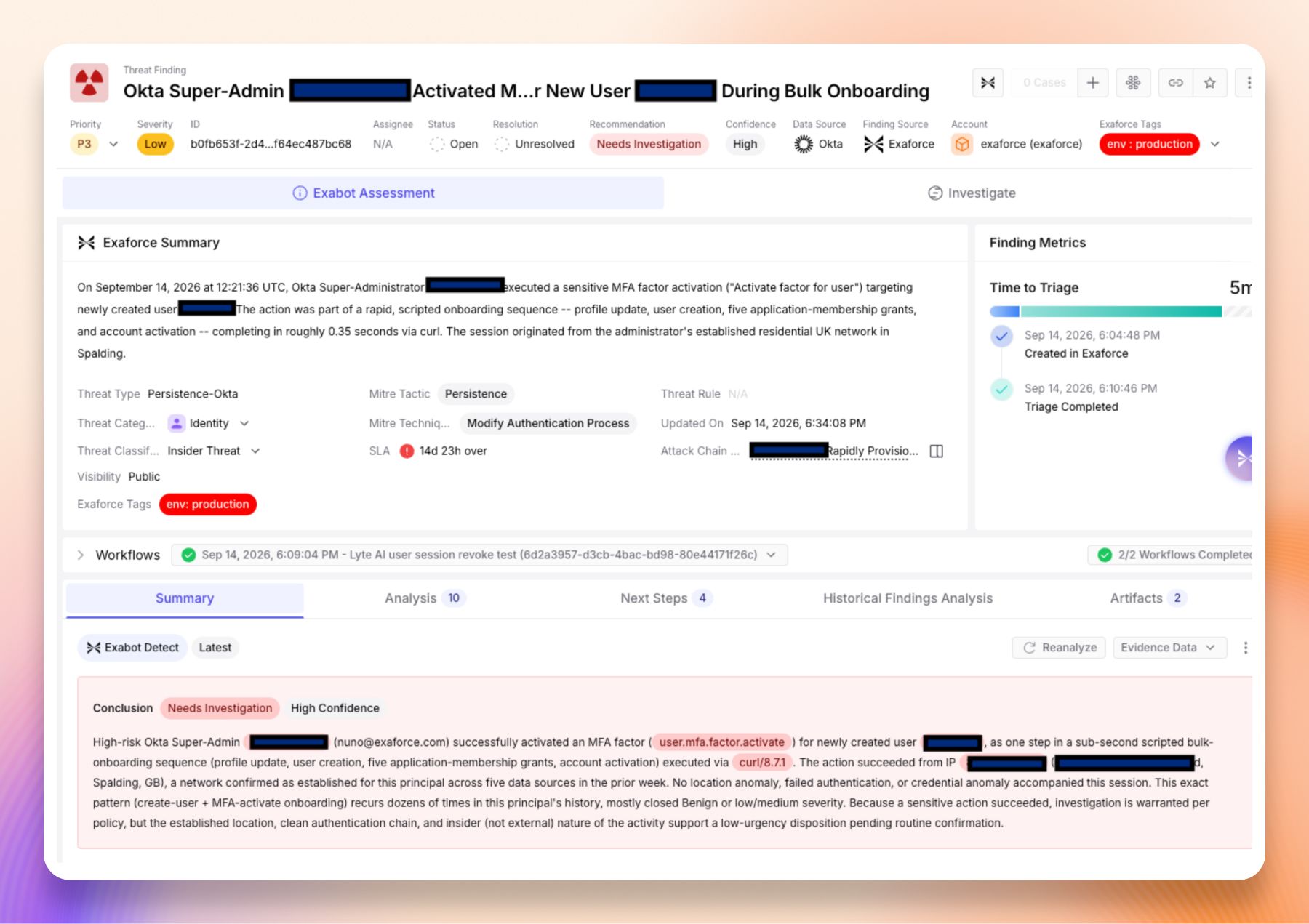 A finding in Exaforce titled “Okta Super-Admin Activated MFA for New User During Bulk Onboarding”, rated low priority, with the Exabot summary explaining that the location, device and session history are all normal for the administrator.