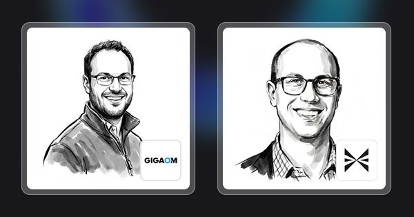ウェビナー登壇者2名のスケッチ肖像と、GigaOmおよびExaforceのロゴ