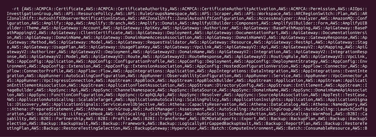 CloudConquerorが解析したAWSサービス種別の広範な一覧を表示したターミナル