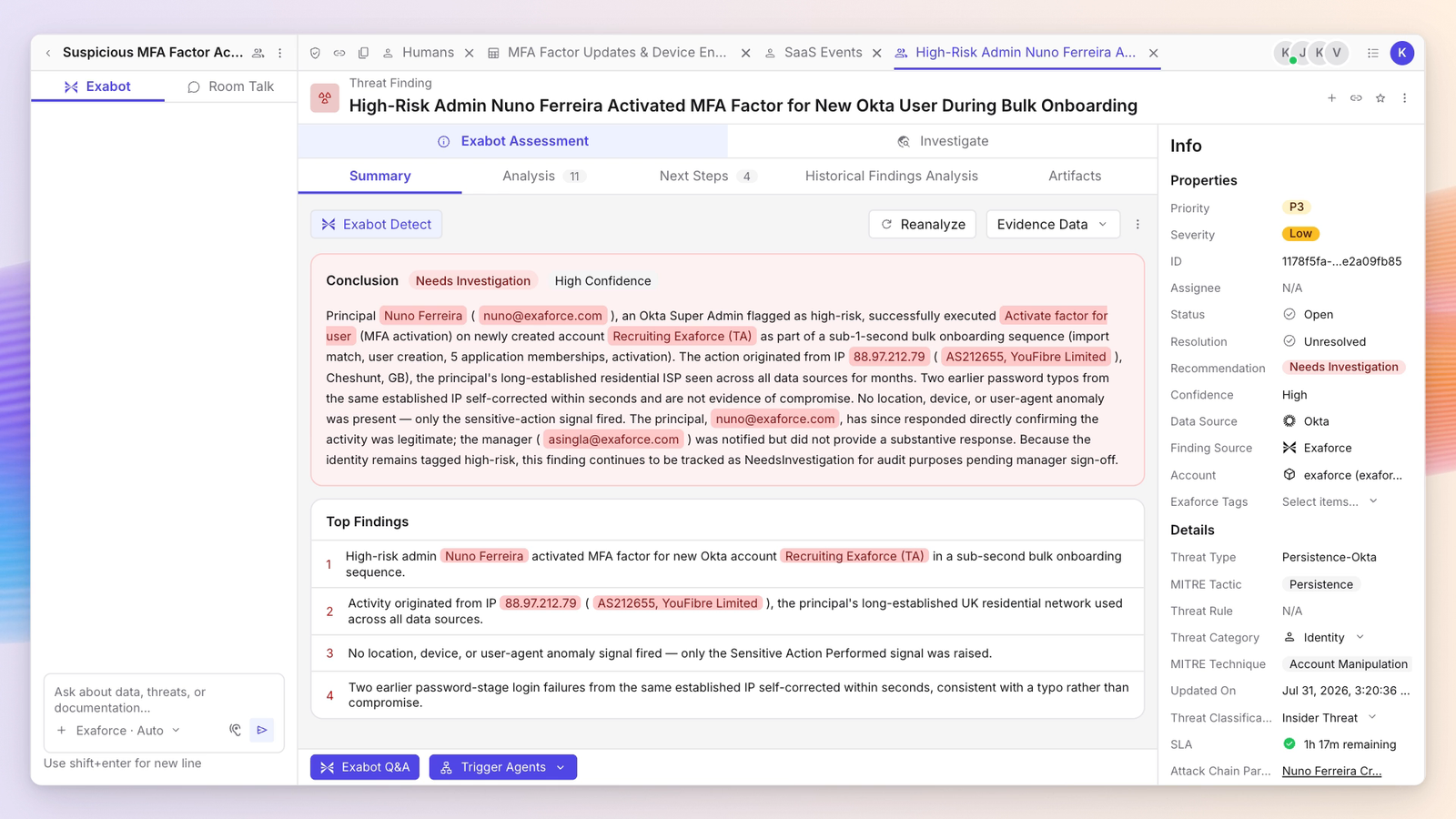 A high-risk MFA threat finding open in Exaforce, with the Exabot assessment, its conclusion and the top supporting findings listed alongside the finding properties.