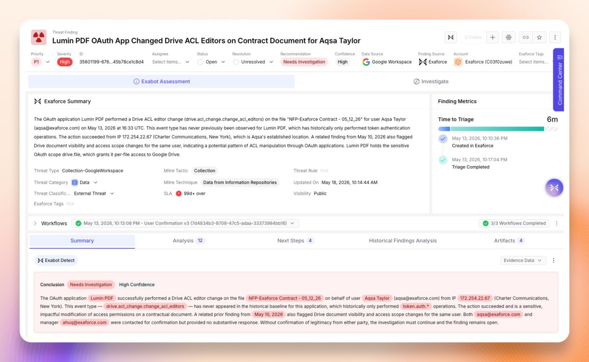 A finding in Exaforce titled “Lumin PDF OAuth App Changed Drive ACL Editors on Contract Document”, with the Exabot summary describing the sharing change the app made on the user’s behalf.