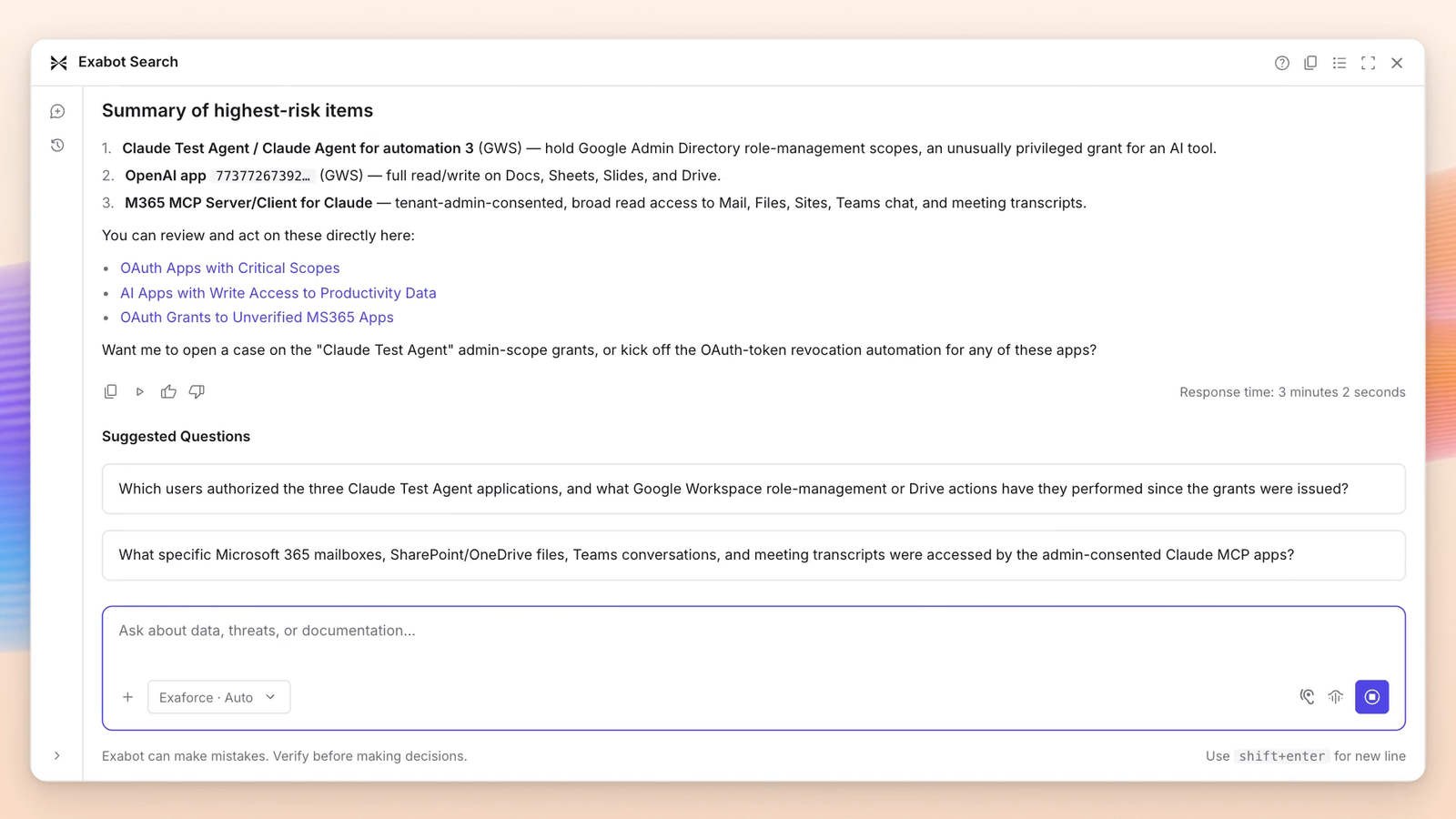 Exabot Search summarizing the highest-risk OAuth grants in a tenant, with follow-up actions and suggested questions offered underneath.