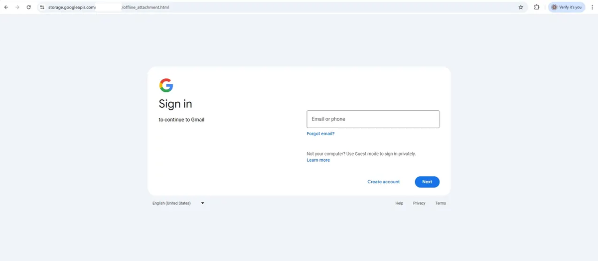 Credential-harvesting phishing page mimicking Google's sign-in interface