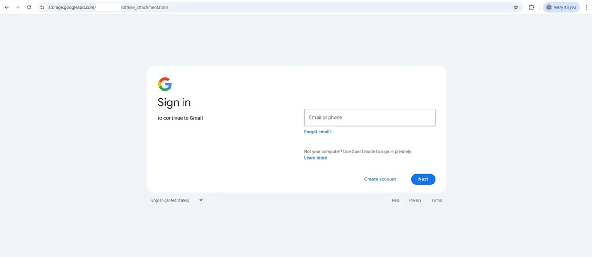 Credential-harvesting phishing page mimicking Google's sign-in interface