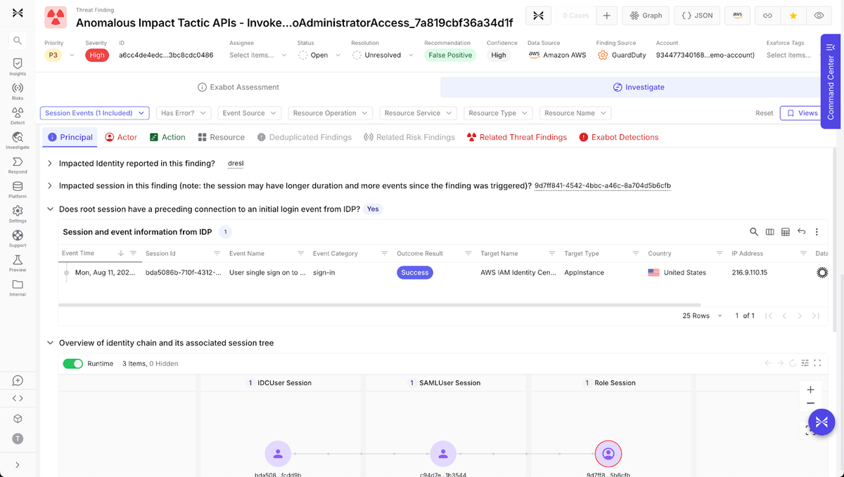 Exaforce detects AWS GuardDuty anomaly involving IAM identity sign-in from U.S. source IP.