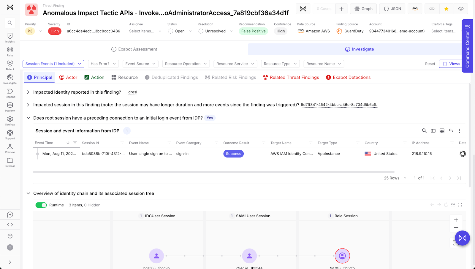 Exaforce detects AWS GuardDuty anomaly involving IAM identity sign-in from U.S. source IP.