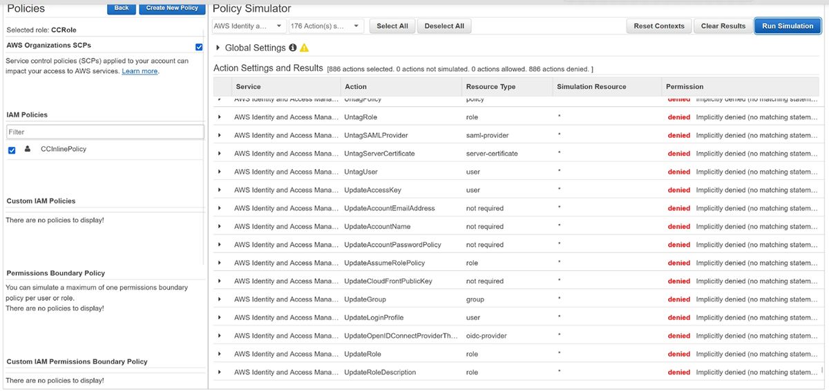 ロール「CCRole」に対するAWS IAM Policy Simulatorのスクリーンショット
