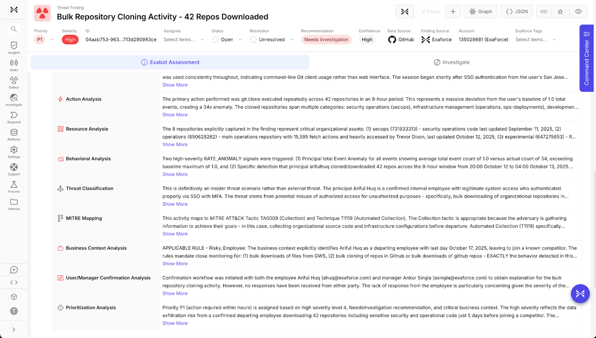 Threat Finding with Business Context applied, which shows a departing employee caught cloning repositories