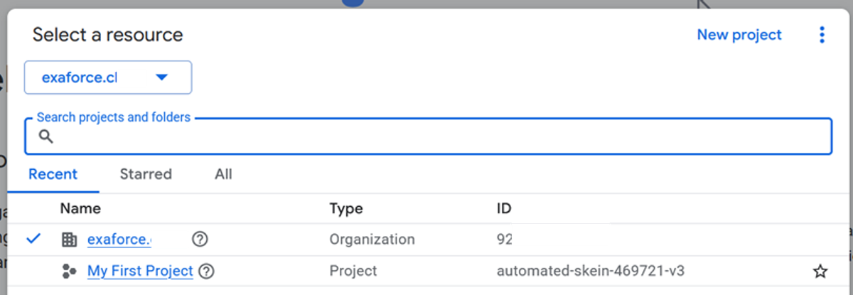 エクサフォースの組織とプロジェクト一覧を表示したGoogle Cloud Consoleの「Select a resource」ダイアログ