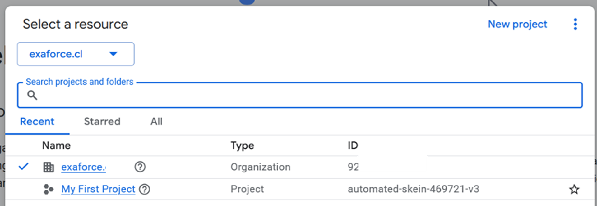 エクサフォースの組織とプロジェクト一覧を表示したGoogle Cloud Consoleの「Select a resource」ダイアログ
