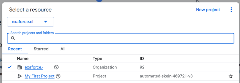 エクサフォースの組織とプロジェクト一覧を表示したGoogle Cloud Consoleの「Select a resource」ダイアログ
