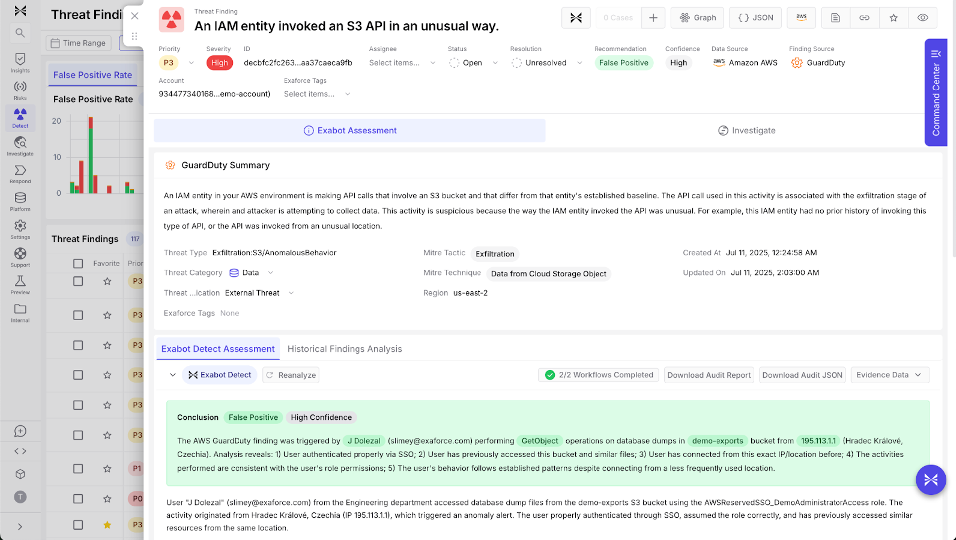 IAMエンティティが異常なかたちでS3 APIを呼び出した事象を、高い信頼度で誤検知と評価したエクサフォースの脅威の検出結果