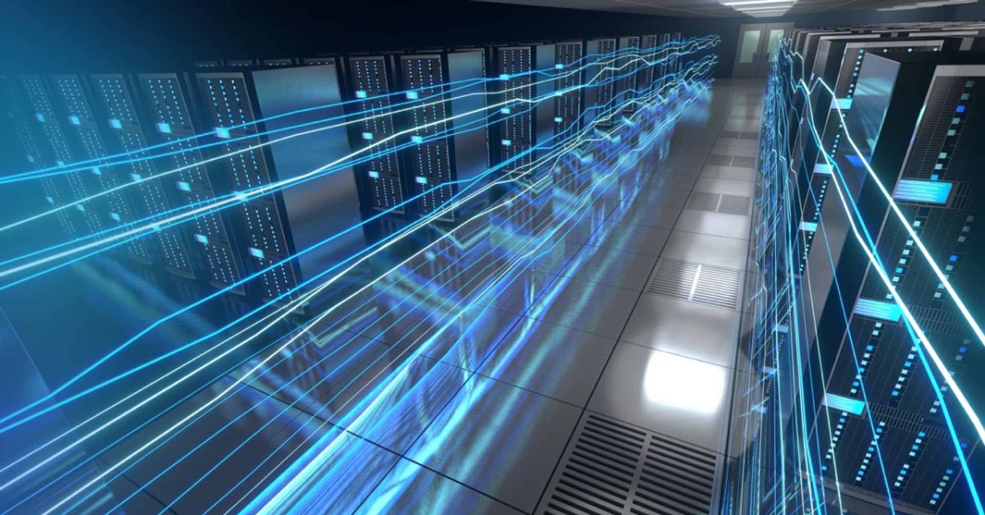 An aisle of data centre racks with blue light trails