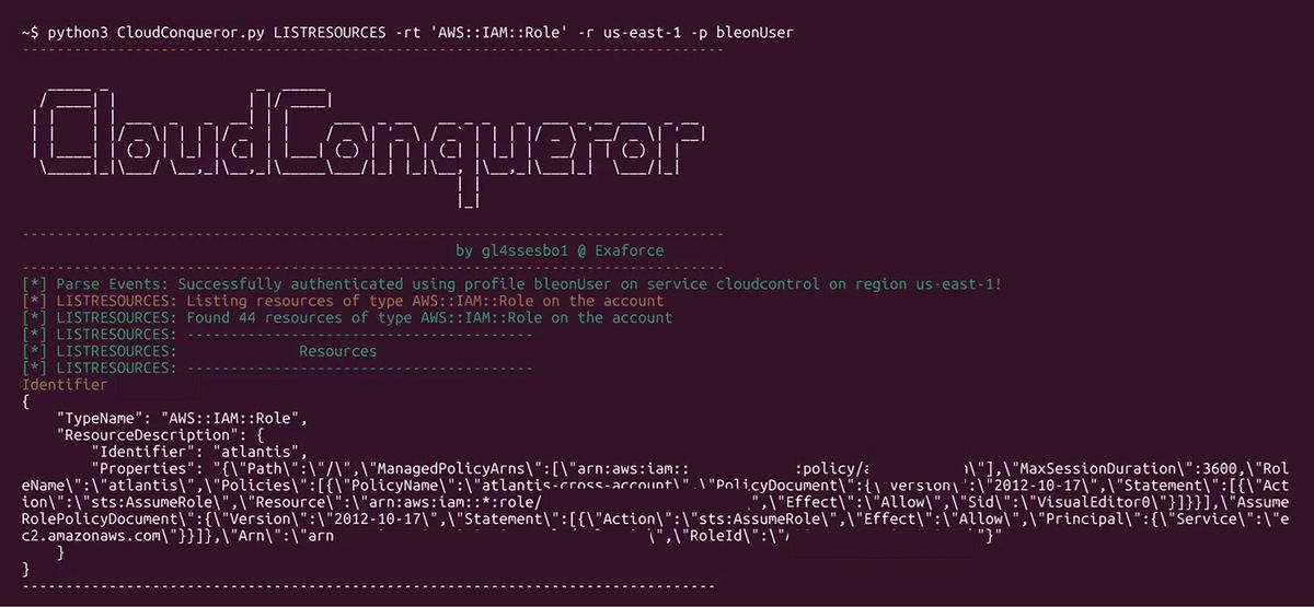 CloudConquerorのスクリプトがCloudControl APIを使ってAWSアカウントから44件のIAMロールを一覧表示する