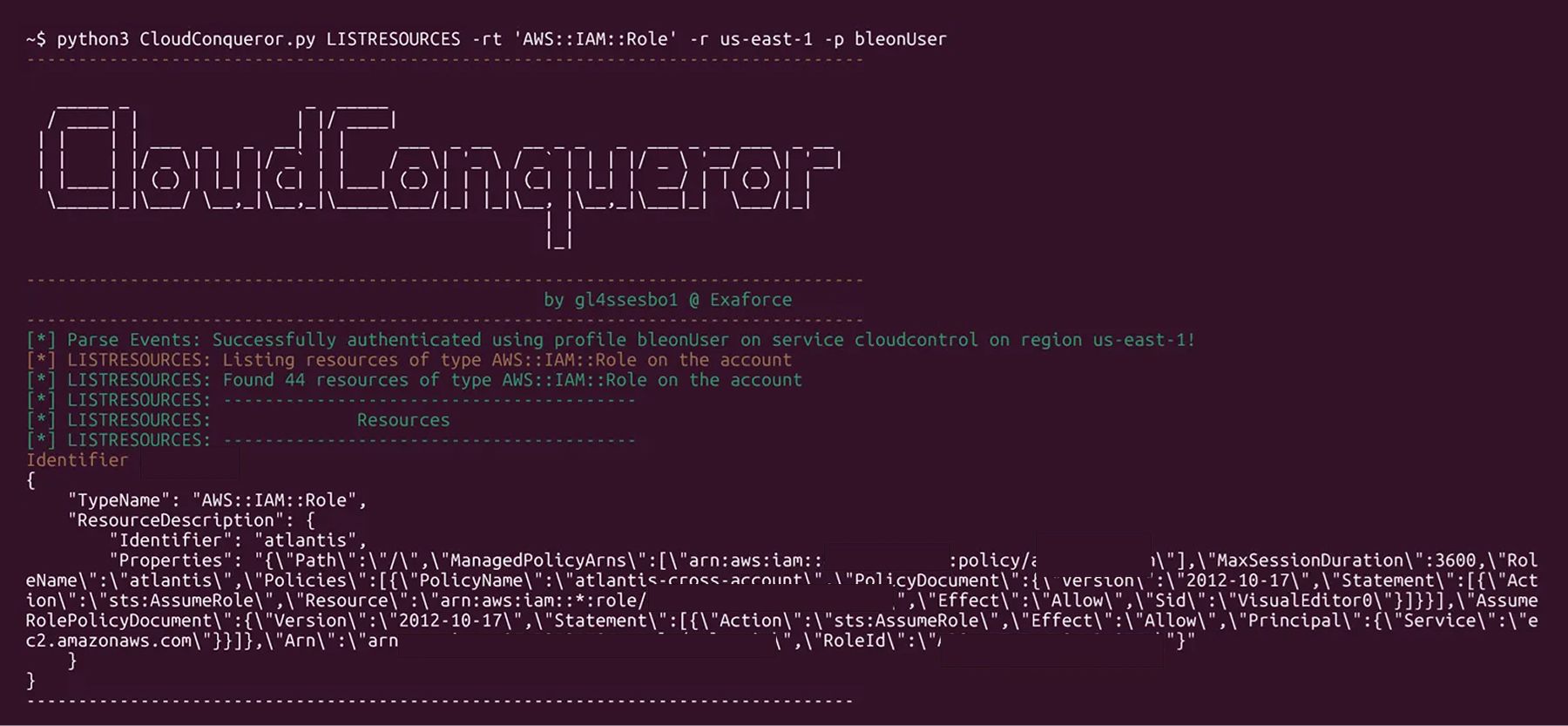 CloudConquerorのスクリプトがCloudControl APIを使ってAWSアカウントから44件のIAMロールを一覧表示する