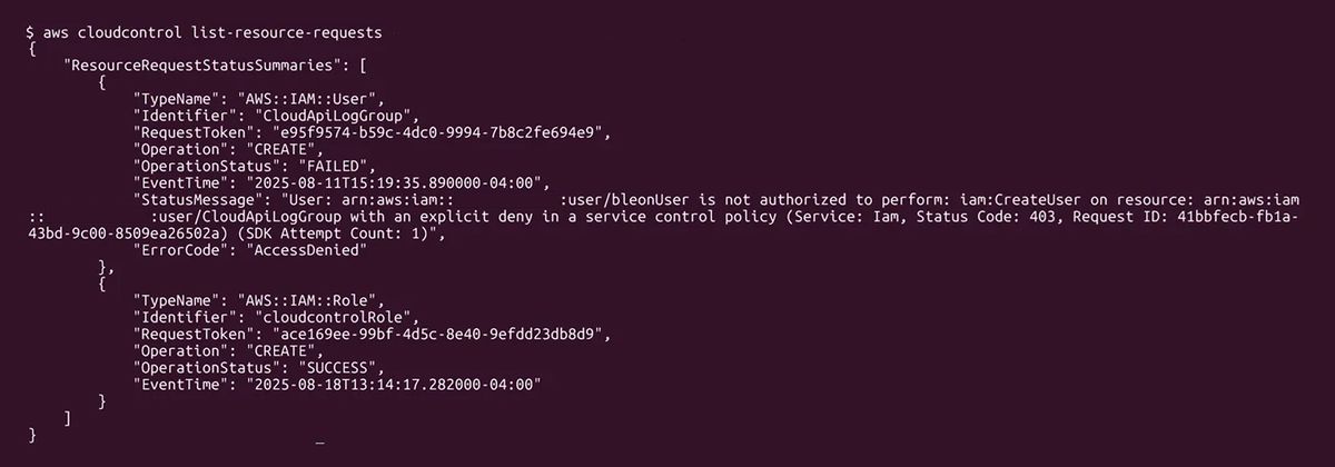 アクセス拒否によるIAMユーザー作成の失敗と、IAMロール作成の成功を示すAWS CLIの出力