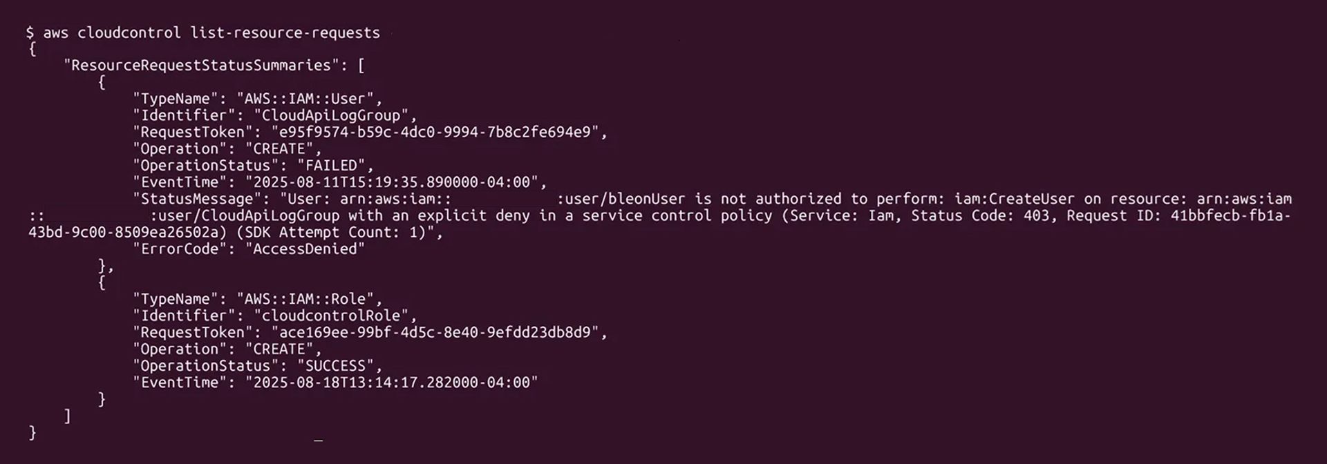 アクセス拒否によるIAMユーザー作成の失敗と、IAMロール作成の成功を示すAWS CLIの出力