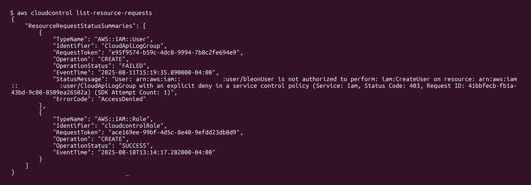 アクセス拒否によるIAMユーザー作成の失敗と、IAMロール作成の成功を示すAWS CLIの出力