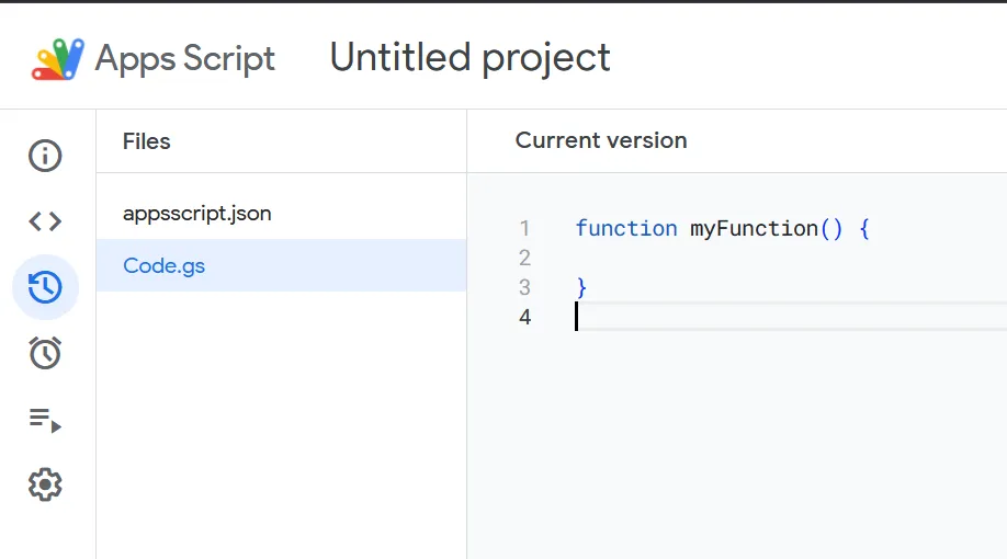 名称未設定プロジェクトのCode.gsに「myFunction」が表示されたGoogle Apps Scriptのエディター