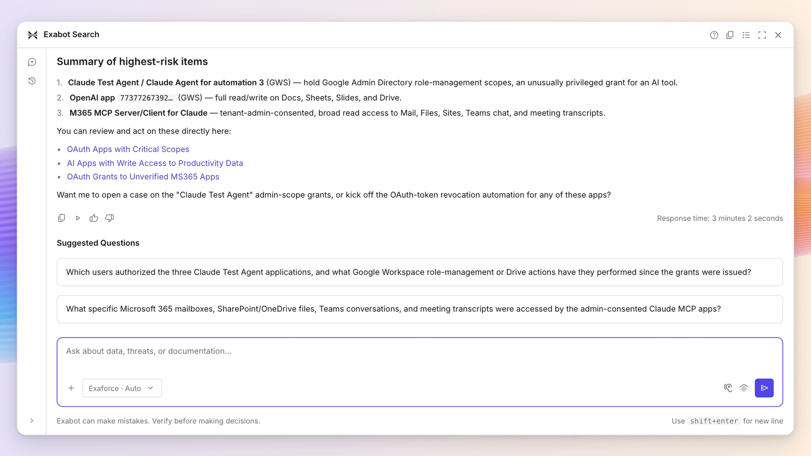 Exabot Search summarizing the highest-risk OAuth grants in a tenant, with follow-up actions and suggested questions offered underneath.